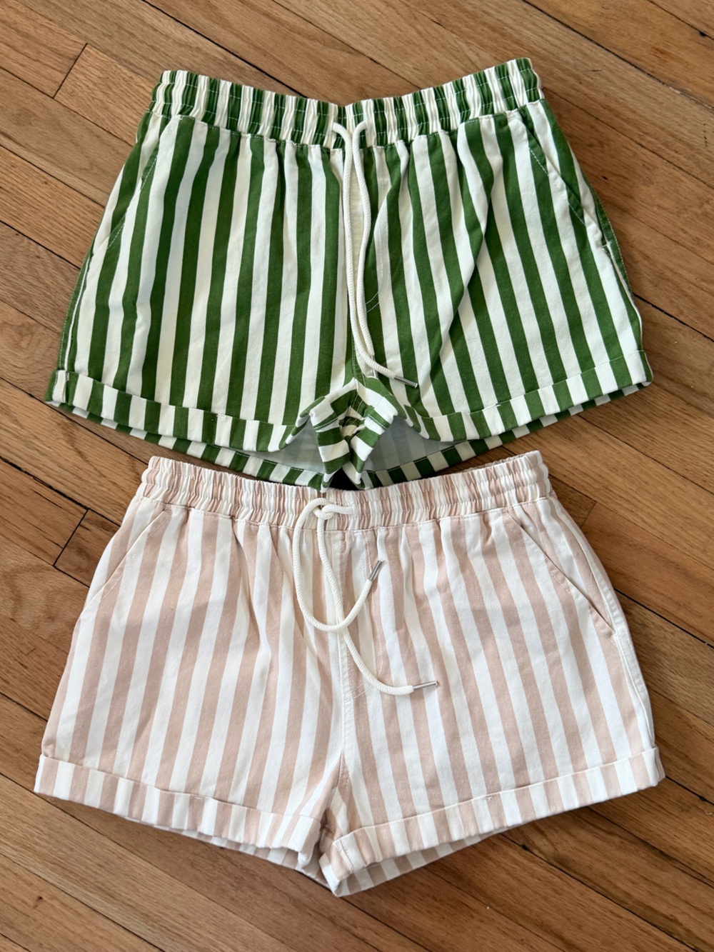 Forever 21 Green & Beige Striped Mini Shorts Duo